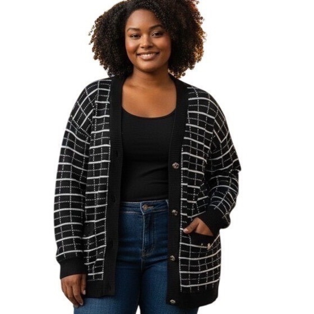 Eloquii Plus Size 18/20 Black White Grid Button Front Cardigan Sweater Pockets